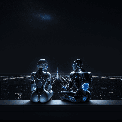 AI generated: A human and a robot, seated side by side on the rooftop of a towering skyscraper, gazing up at a sta...