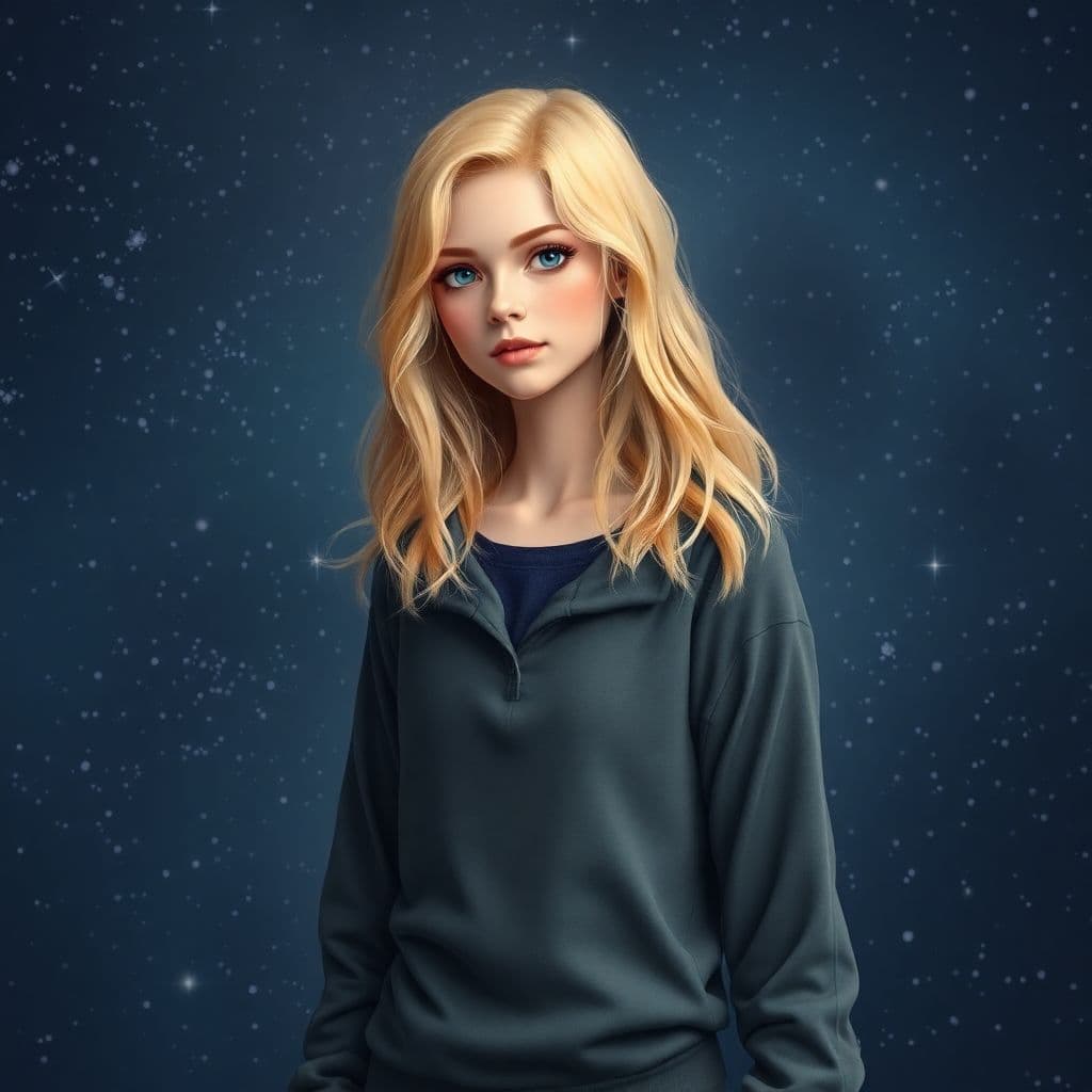 AI generated: Full body view od 22yo,Blond hair, blue eyes, tall, slim. Loves space, constellations, astronomy. Qu...