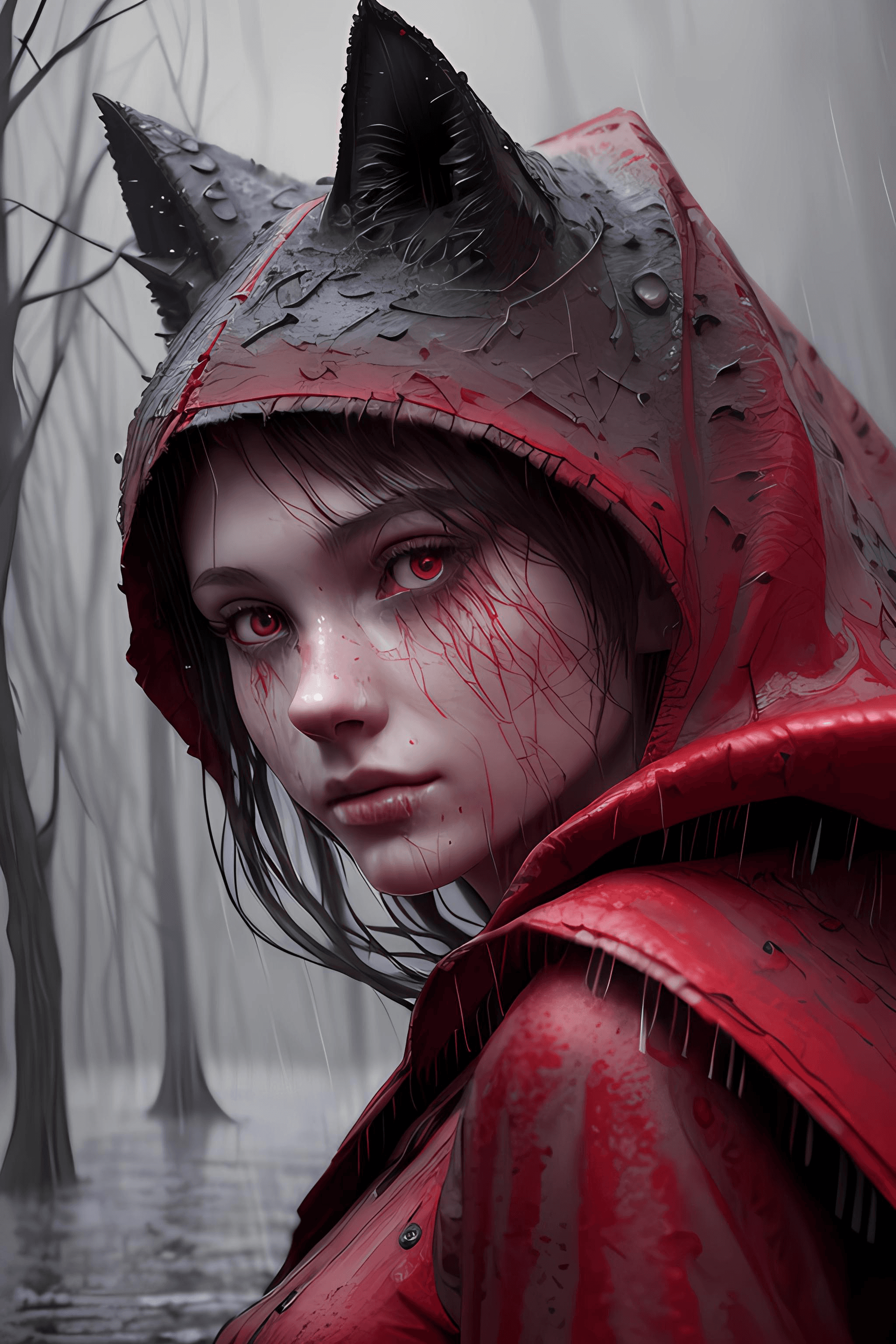 AI generated: Closeup Portrait of a young Girl in red dress, dark forrest background, dark wolf in background, rai...