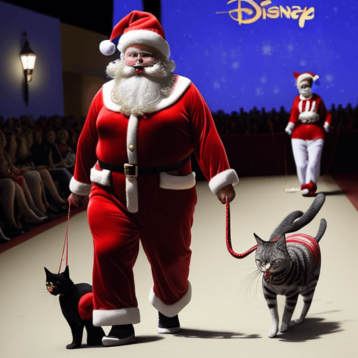 AI generated: A man dressed in canta claus pajamas leads a pet cat on a leash while walking at a Disneyt fashion s...