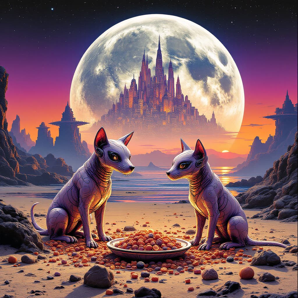 AI generated: Futuristic alien dogs standing on the beach of an exoplanet, they eat from futuristic dog food model...