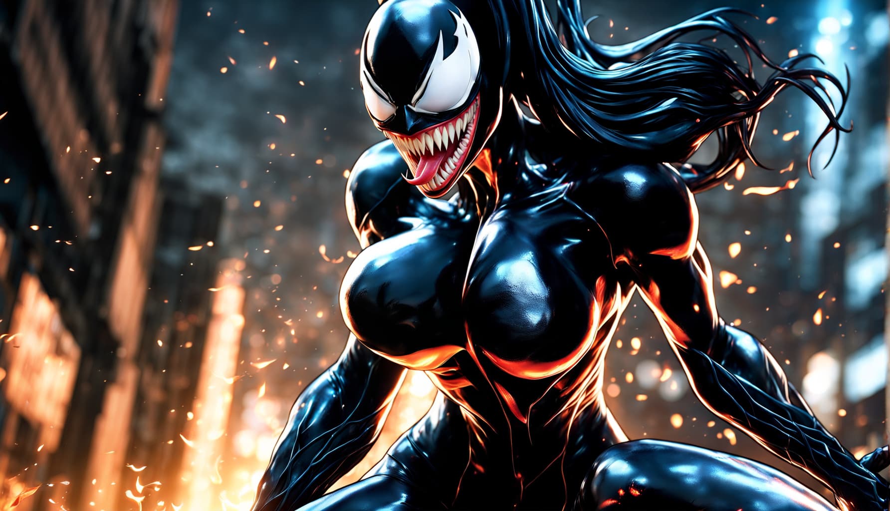 AI generated: CG unity wallpaper , dramatic scene, side view close-up, lady Venom, mouth open and full of sharp fa...
