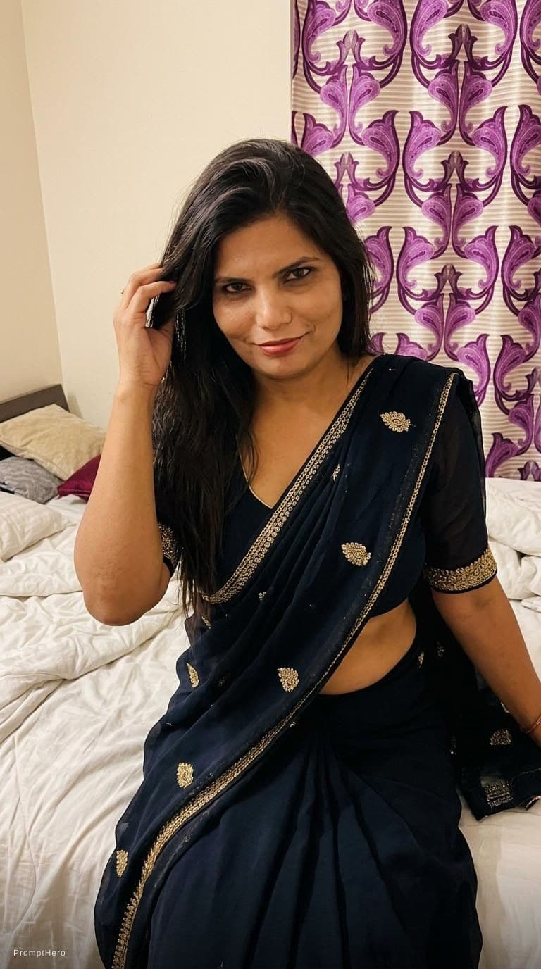 AI generated: Sitting on a bed teasing, same uploaded hairstyle, wearing same décolleté saree dress but cropped, l...
