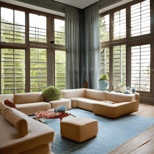 AI generated: high resolution photography interior design, dreamy sunken living room conversation pit, wooden floo...