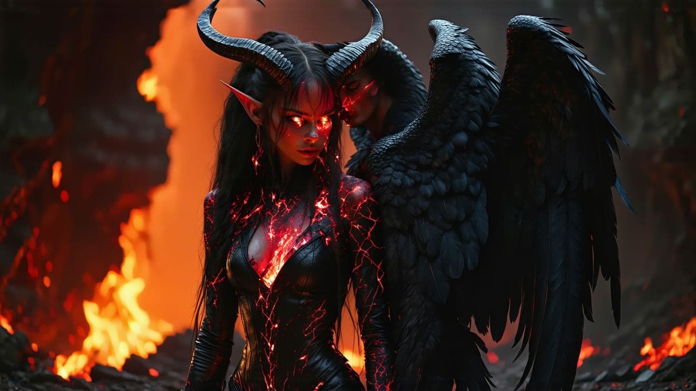 AI generated:  Music Video, A powerful, athletic female demon with rippling muscles, dressed in intricate, red sna...