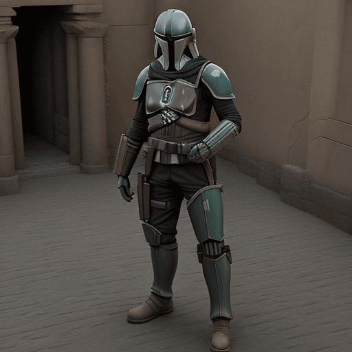 AI generated: 3d mandalorian in a ancient city, sculk on armer.dark.little lights ever were.