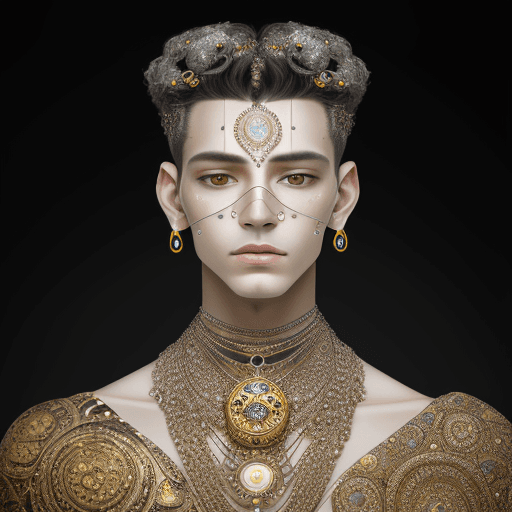AI generated: portrait of man inspired by gustav klimt, futuristic, front view, symetry, diamonds jewellery around...