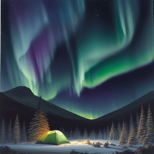 AI generated: Hyper realistic ground level watercolor of night sky phenomena, northern lights, comet, supernova, c...