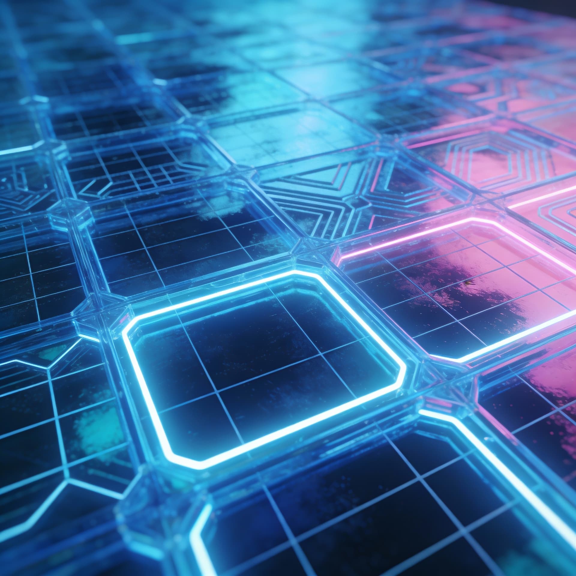 AI generated: transparent neon floor grid, glossy texture, intricate design, vibrant blue with subtle pink and tea...