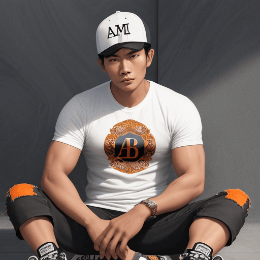 AI generated: A handsome Indonesian man, leaning next to "AB" artistically ornate capital letters designed in spor...
