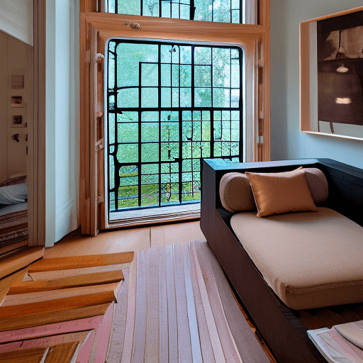 AI generated: High resolution photography interior design, dreamy sunken living room conversation pit, wooden floo...