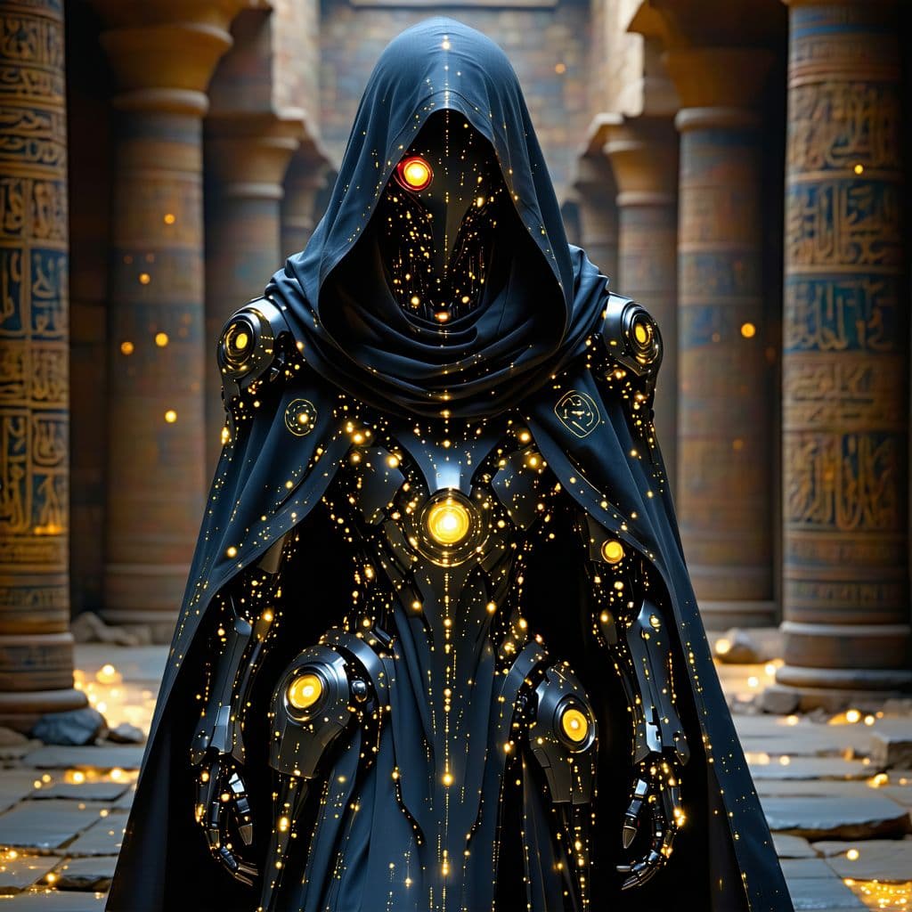 AI generated: Generate an image of a cybernetic mystic in an ancient corridor. The figure has a robotic face with ...