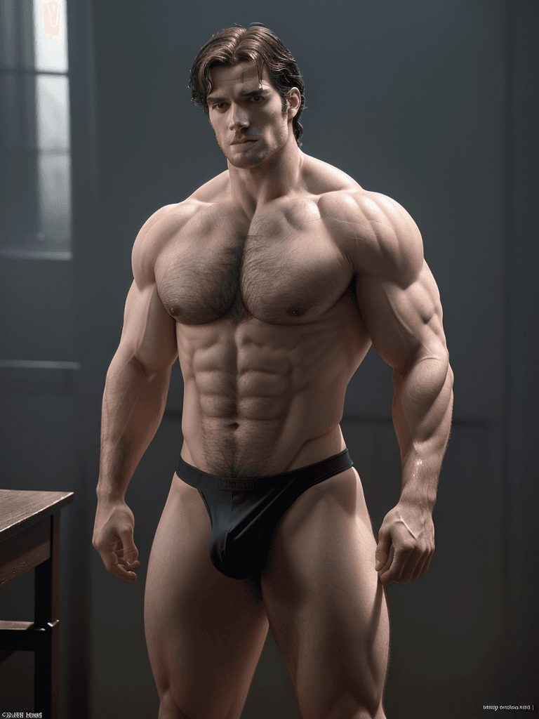 AI generated: Henry Cavill ((full nude frontal body)), big muscles and big butt, in his thirties, fully unclothed,...
