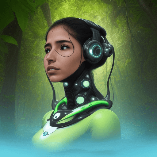 AI generated: posthumanismo, tecnología, naturaleza, hibridación mujer con manatí
