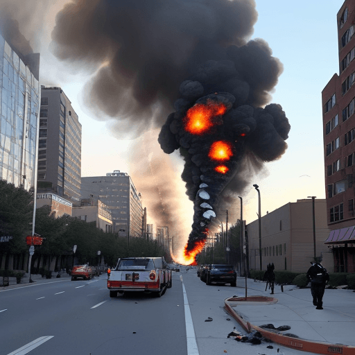 AI generated: Dui explosions and escalating smoke columns from the surrounding residential buildings in the city, ...