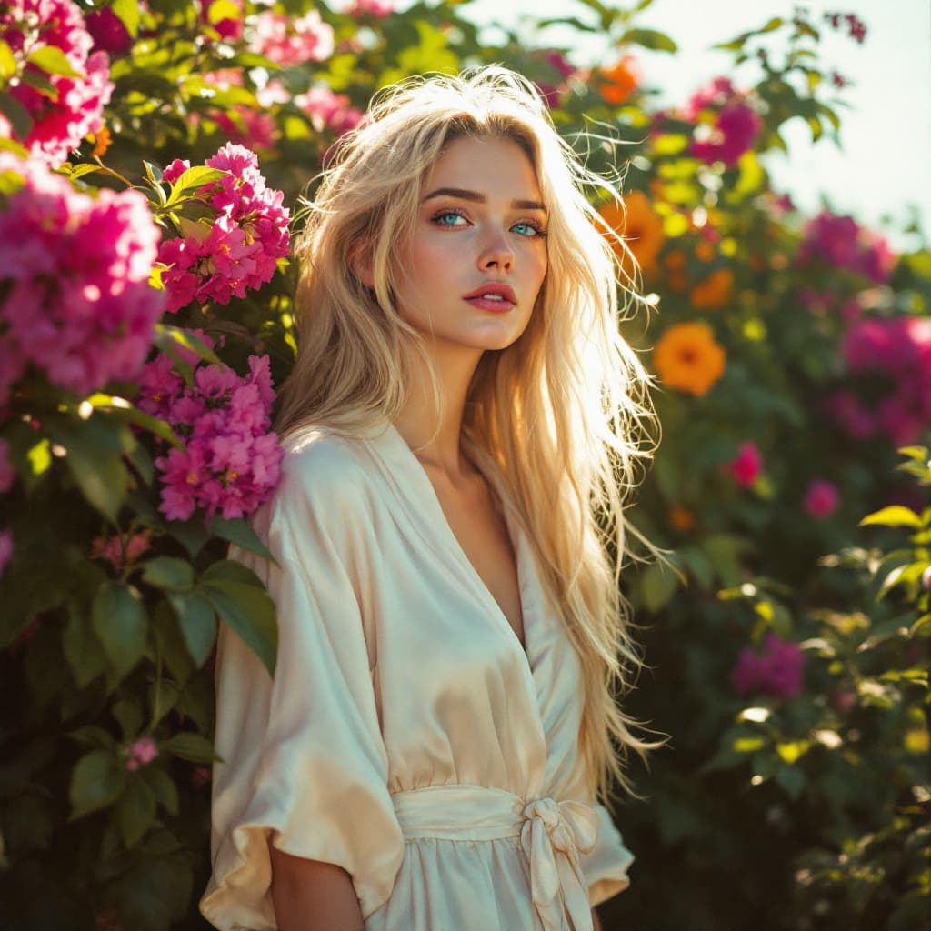 AI generated: A woman with light blue eyes and long blonde hair stands from the side, wearing a white silk robe . ...