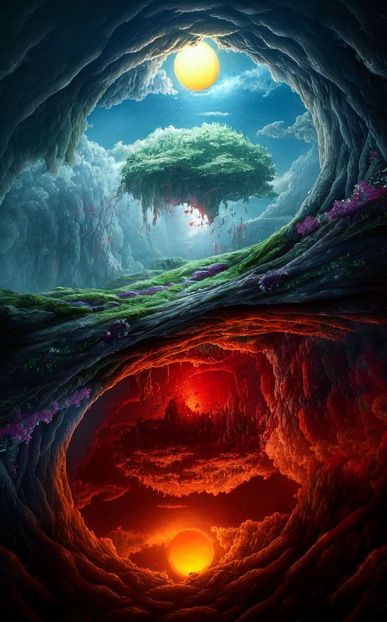 AI generated: A mesmerizing, ultra-detailed fantasy art piece that showcases two realms - one of heavenly beauty a...