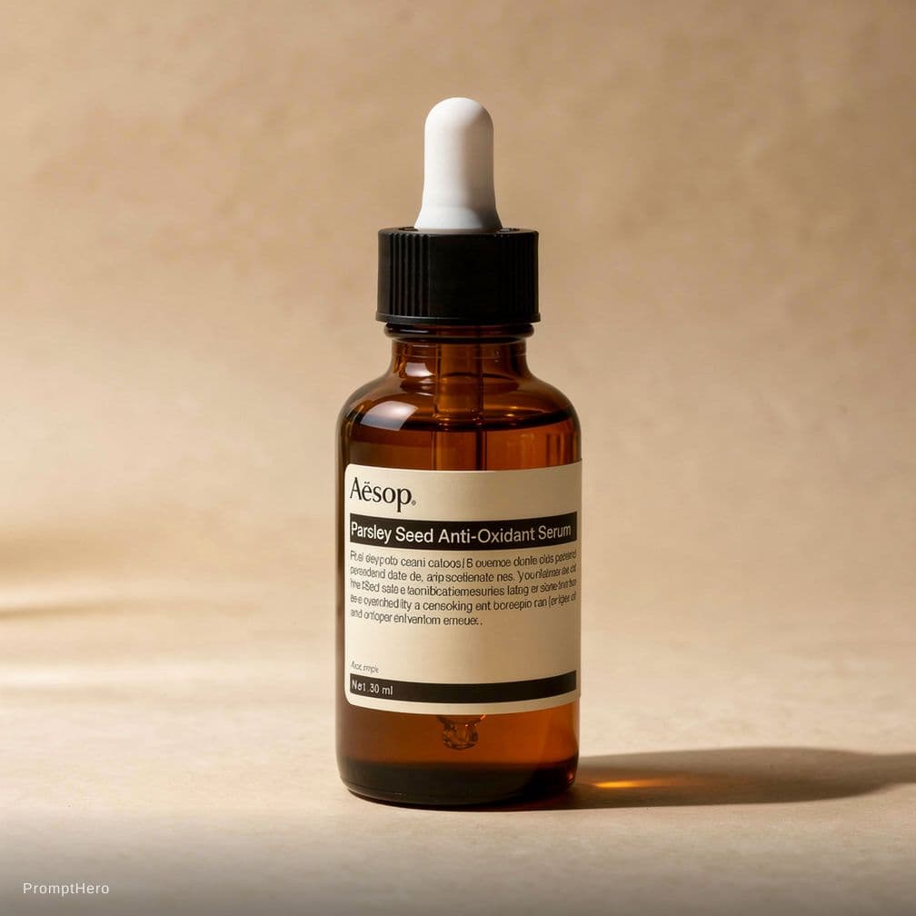 AI generated: Detailed shot, Aesop's Parsley Seed Anti-Oxidant Serum, Nikon Z7 II, emphasizing the serum's elegant...
