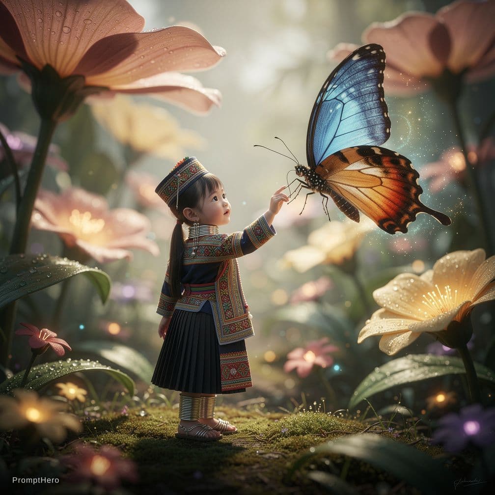 AI generated: very little Hmong girl in a macro fairy world, giant butterfly to one side of the girl, giant flower...
