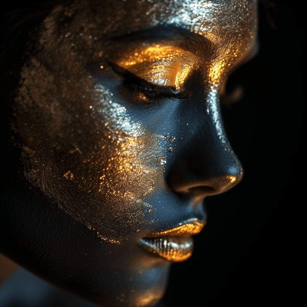 AI generated: a woman painted with gold, on a black background, high key lighting, chiaroscuro --s 750 --v 6.0