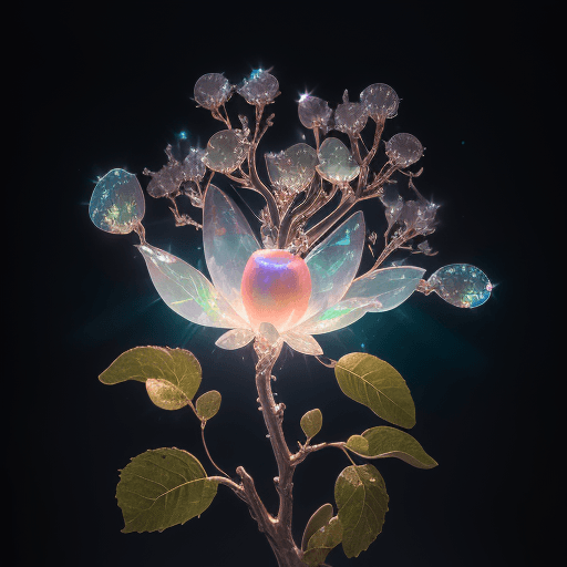 AI generated: a delicate apple made of opal hung on branch in the early morning light, adorned with glistening dew...