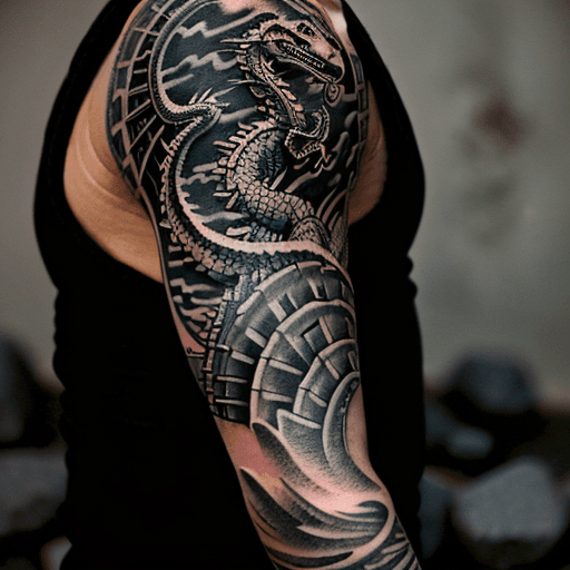 AI generated: a high definition photo of a sleeve tattoo on the left arm, dragon head on top of shoulder nesting o...