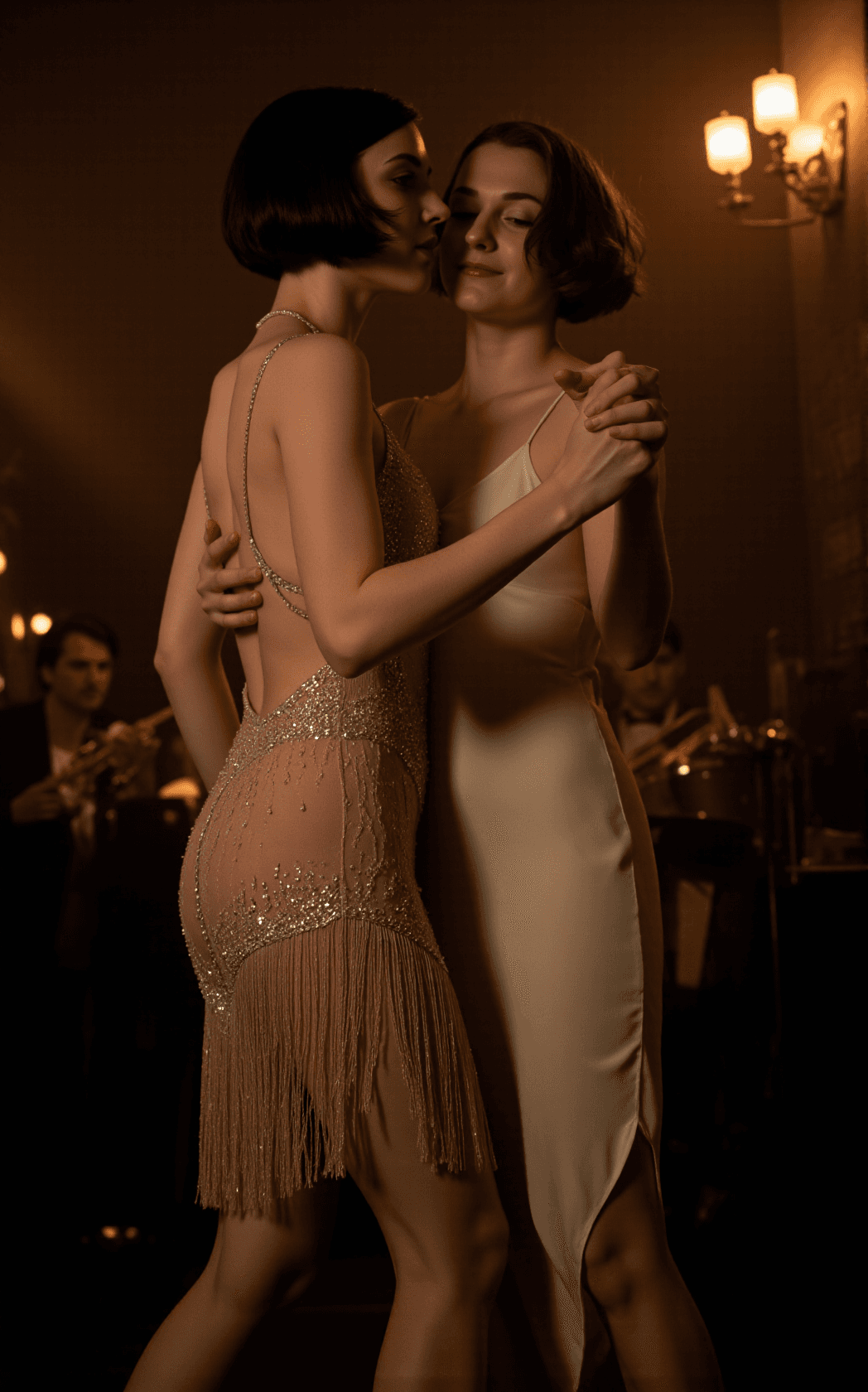AI generated: Two flapper girls move together in a dim 1920s speakeasy, bodies close, fingers interlaced. The cent...
