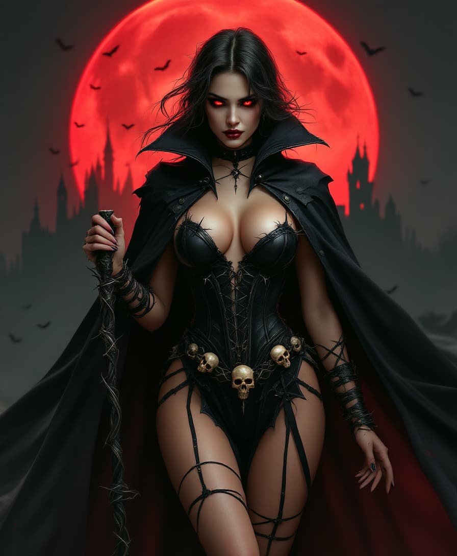 AI generated: a commanding femme fatale, now adorned with a dramatic cape that flows behind her like liquid shadow...