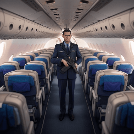 AI generated: a man standing inside a plane with a pistol in hand hijacked a plane