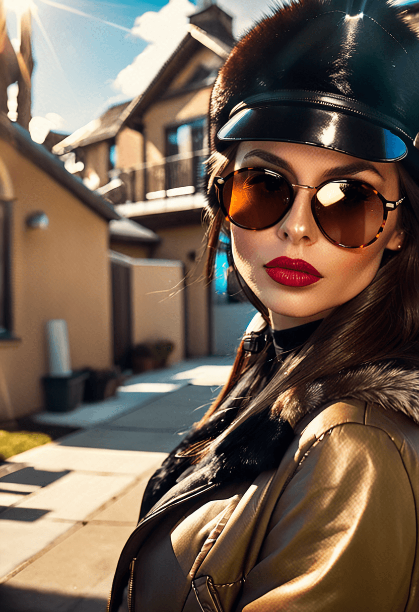 AI generated: cinematic film still woman, long brunette hair, beautiful lips, light makeup, glossy lipstick, sungl...