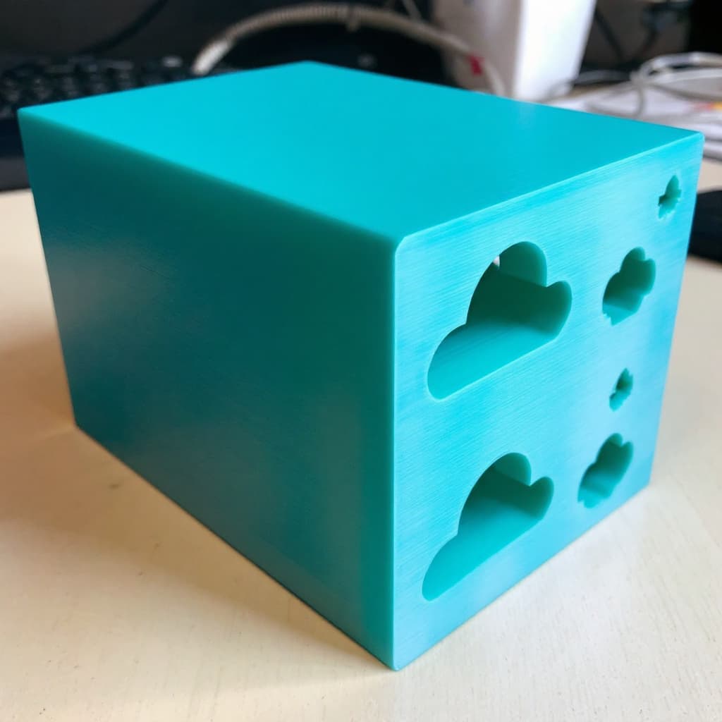 AI generated: a 3D-printed small external 4 bay HDD rack with cloud-shaped holes in the side.