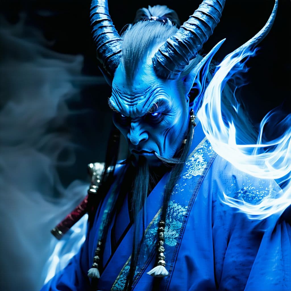AI generated: An 8k ultra-focused photograph showcasing a hyperrealistic Oni demon with blue skin, wielding a kana...
