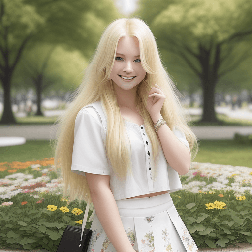 AI generated: A 25 year old woman, blonde with long hair, black eyes, a short white skirt and a short debt, she is...