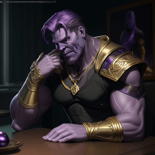 AI generated: necklace Ring on the table with the design and character of thanos The necklace Ring is gold and pur...