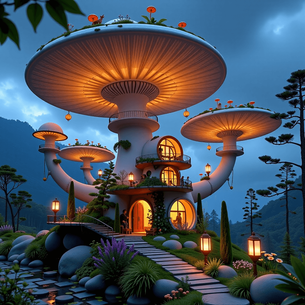 AI generated: Futuristic eco-village built within a network of colossal, interconnected bioluminescent mushrooms. ...