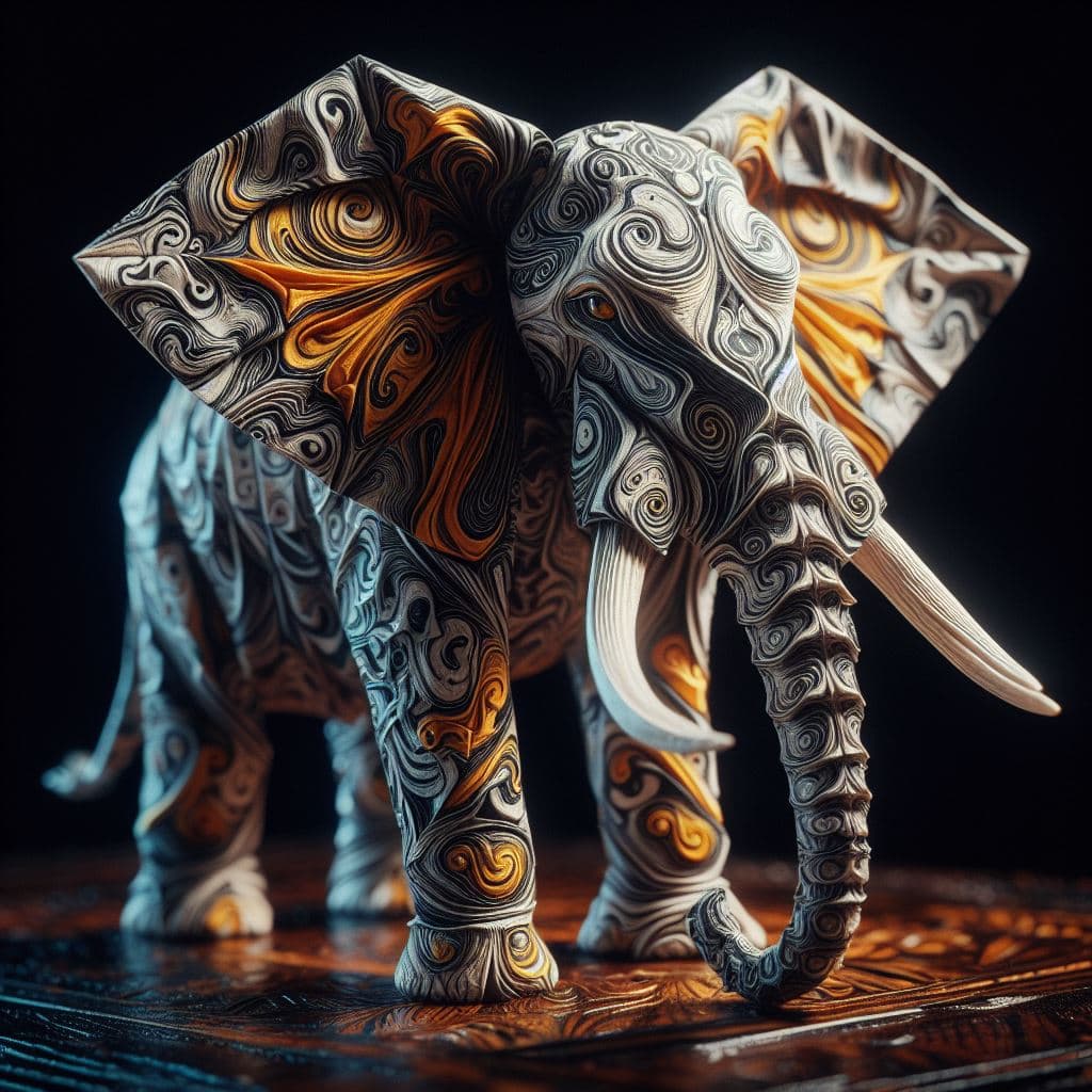 AI generated: Highly detailed Ebru-printed paper, elephant origami, tabletop sculpture, ultra realistic, unreal en...