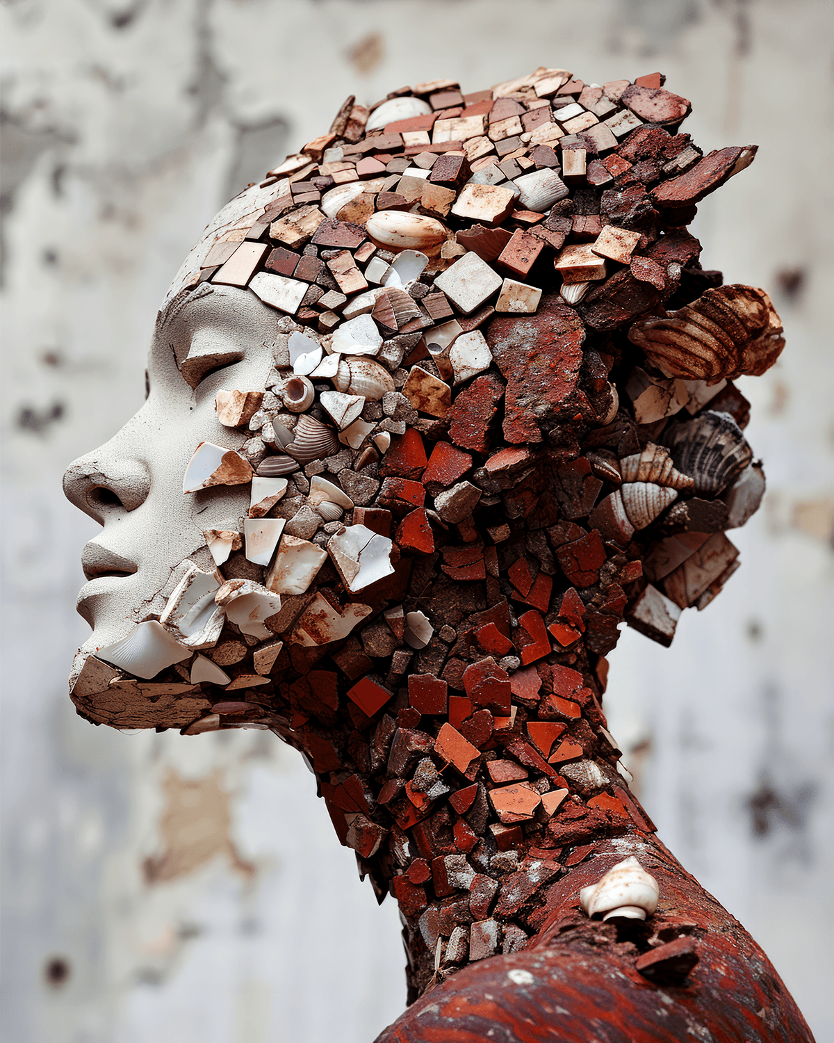 AI generated: the anatomy of a woman's head made of metalic rusted red domino pieces and smashed sea shells, octop...