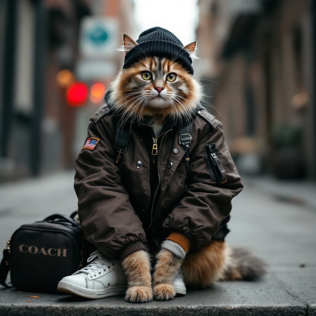 AI generated: anthropomorphic, a cat named ”street style KOL kitty” wearing dark brown flight jacket, and white sn...