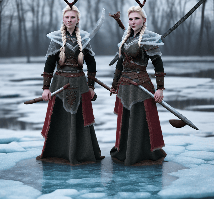 AI generated: 2  female warrior vikings are watching  a frozen pond. ;they are wearing torn leather garments 8k, i...
