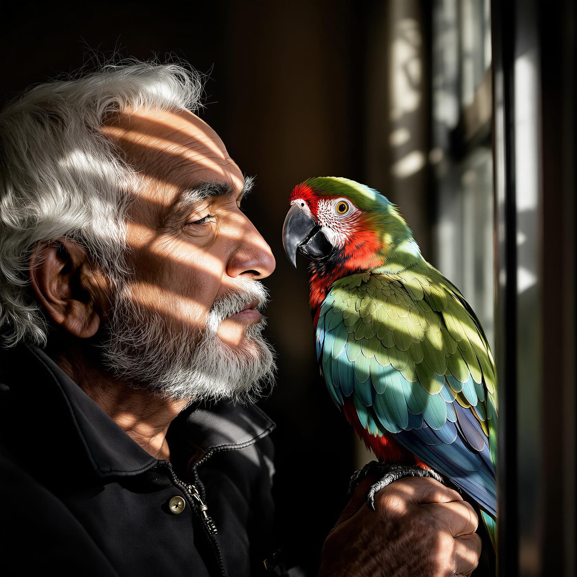 AI generated: The image features an elderly Indian man with white hair, wearing a dark jacket, standing closely be...