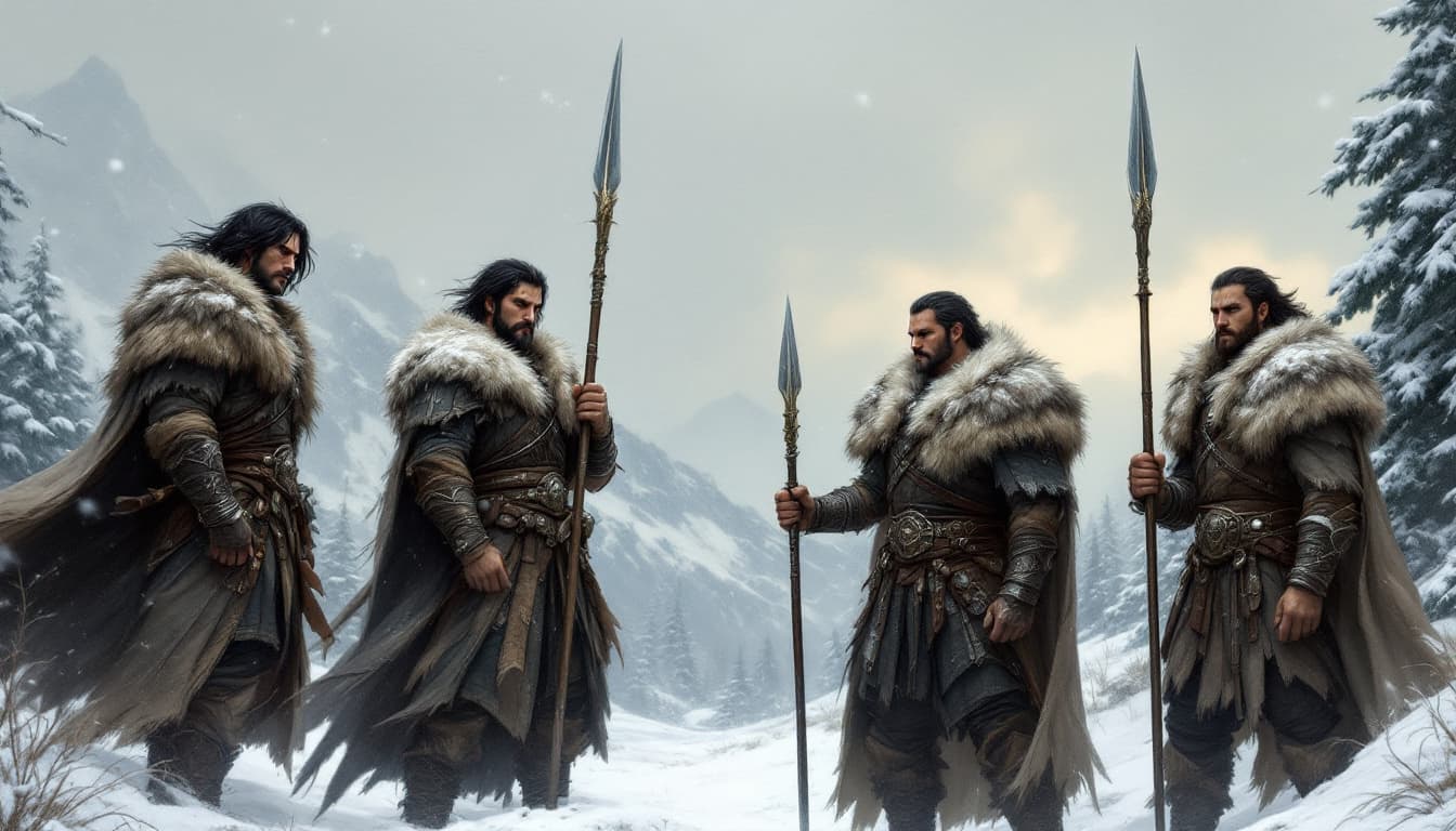 AI generated: a wide-angle, fantasy-themed painting of four warriors in a snowy landscape. The four warriors are i...