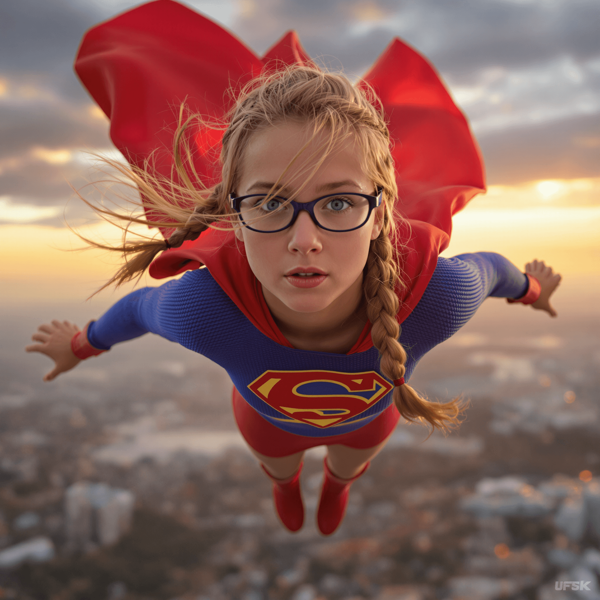 AI generated: Ultra-realistic 8K cinematic image of a heroic young English girl styled as Helen Slater's Supergirl...