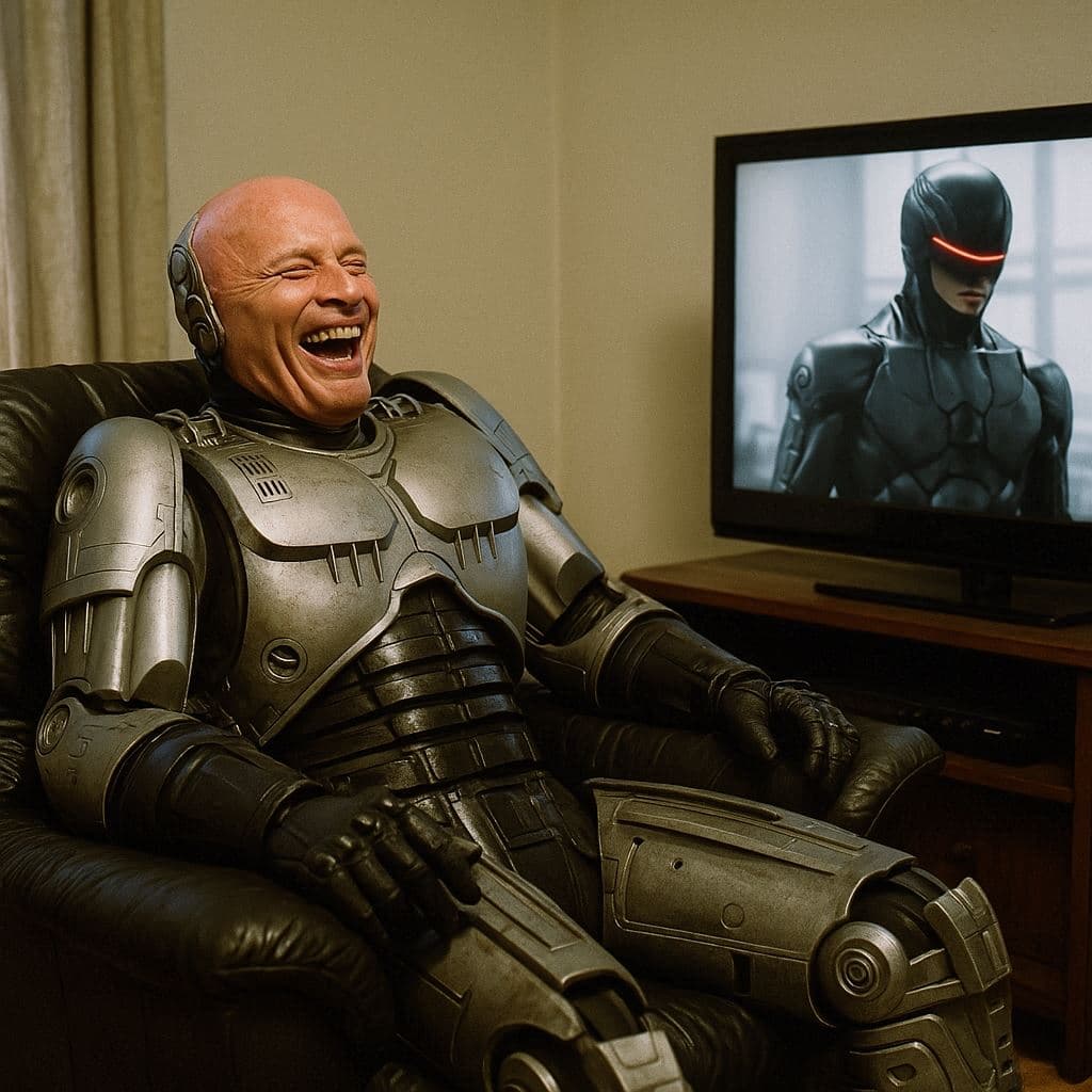 AI generated: Robocop from 1980-s,sitting in leather chair at home and watching Robocop remake 2014.What a comedy.