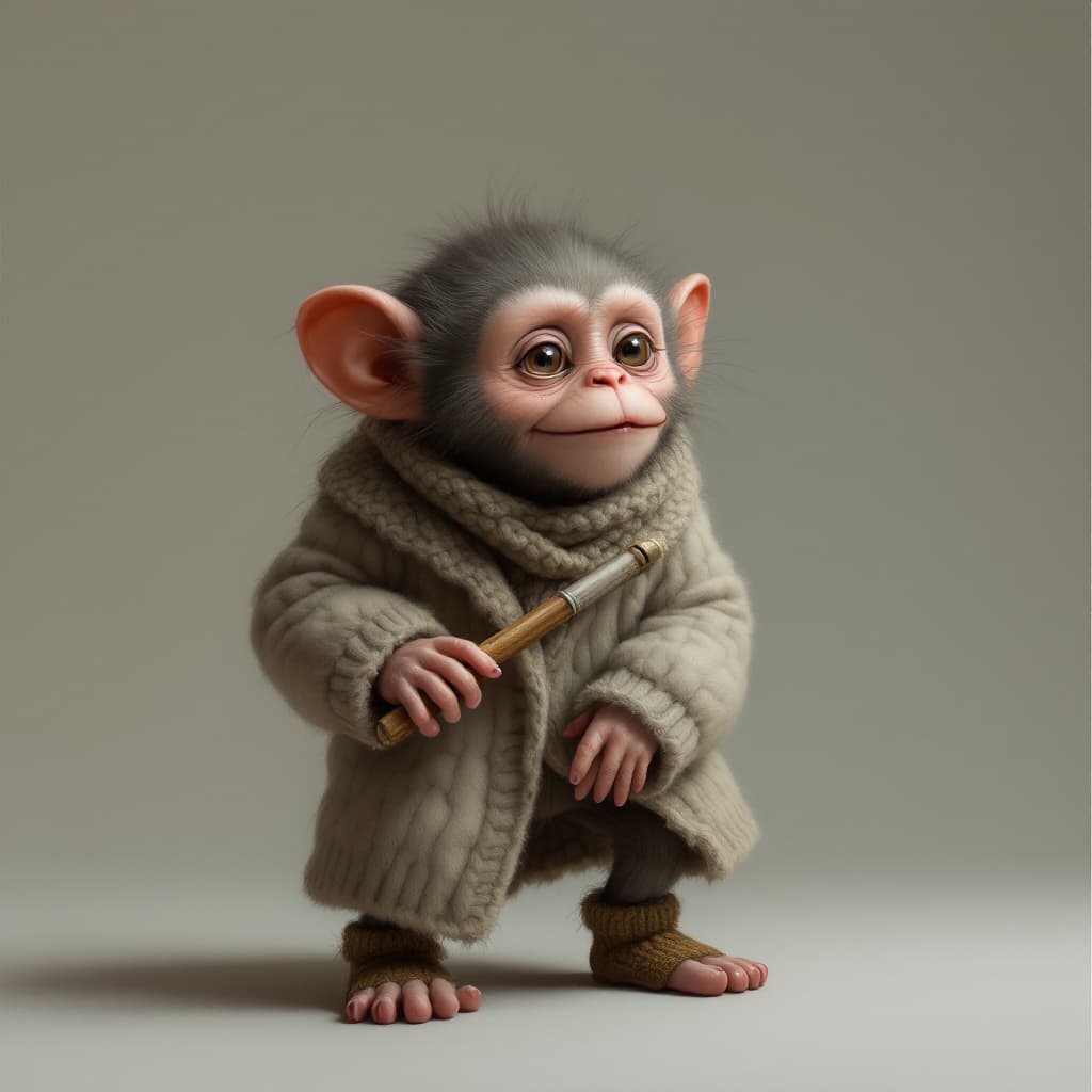 AI generated: a simiah woman from daggerheart, humanoid monky, transvers flute, fantasy figur, cute a puffy wool c...