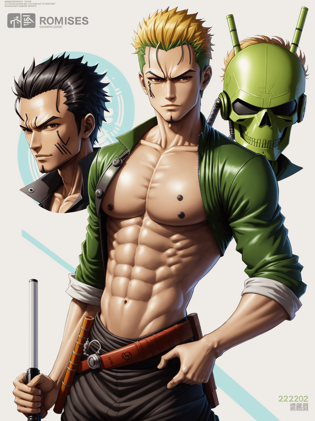 AI generated: a sticker of Roronoa Zoro from one piece, happy, successful, anime style, minimalist design, trendin...