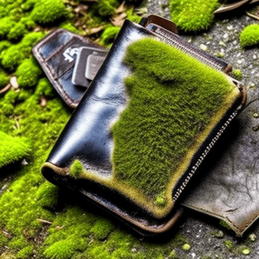 AI generated: an abandoned leather wallet on a mossy pavement. Style: goth