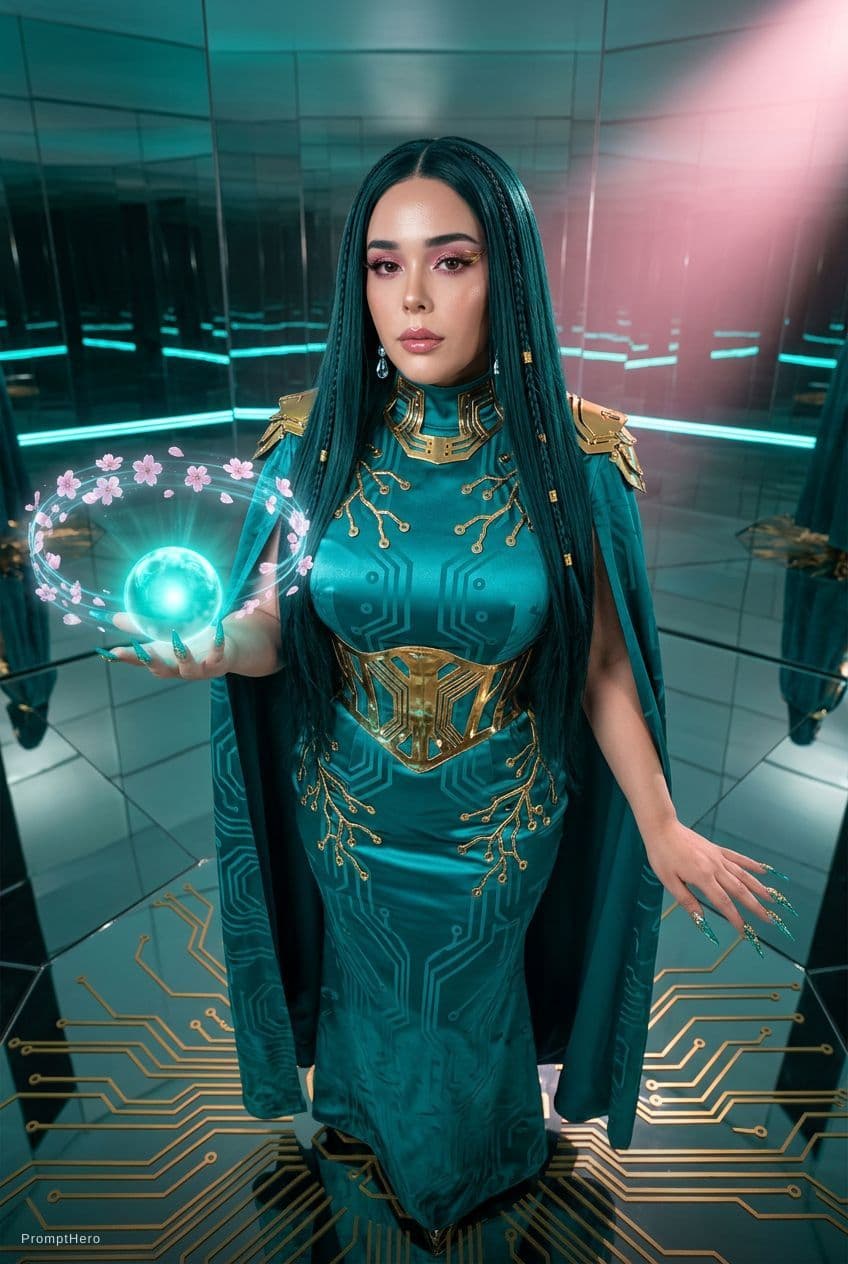 AI generated: Create an image of a woman with my facial features, photographed in a futuristic cherry-blossom tech...