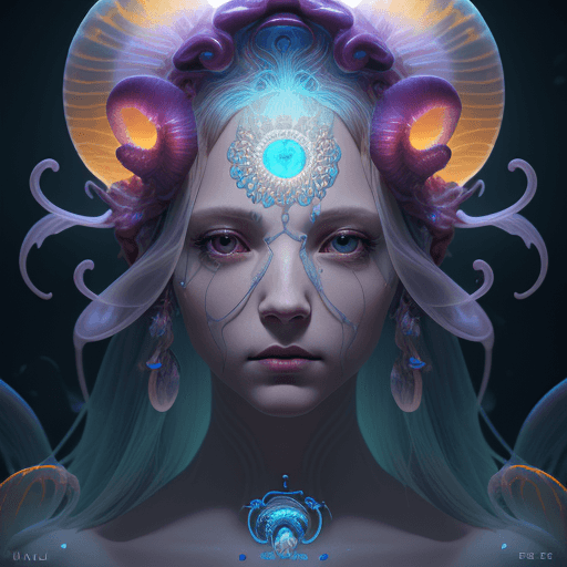 AI generated: Goddess close-up portrait ribcagel. jellyfish phoenix head, nautilus, orchid, skull, betta fish, bio...