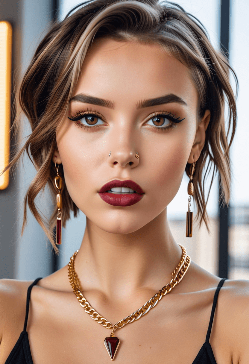AI generated: HDR photo of beautiful hipster woman, mascara, eyeliner, dark cheeks, expressive lips, alluring neck...