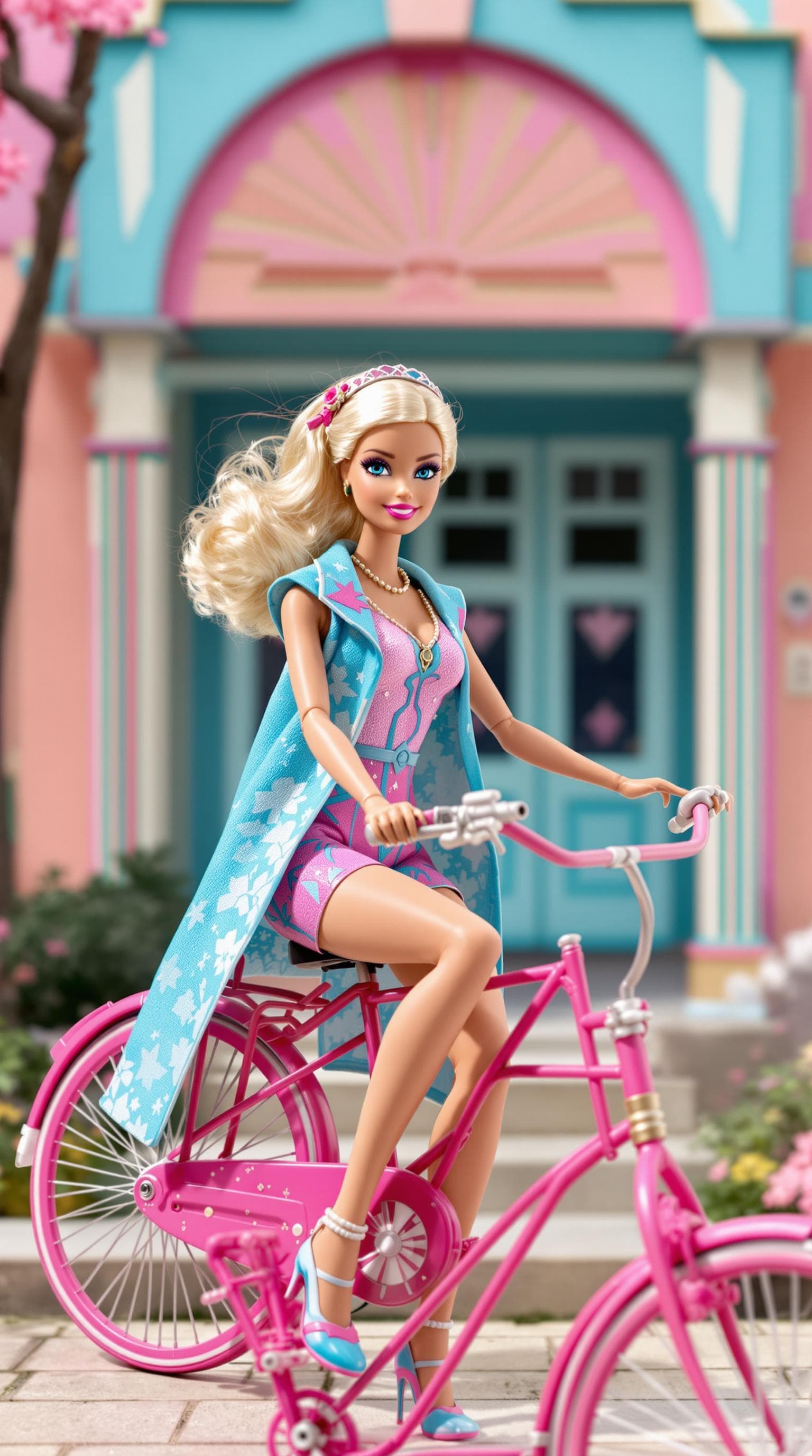 AI generated: photo, 18 year old barbie doll wearing art deco clothing sitting on a bicycle in front of her art de...